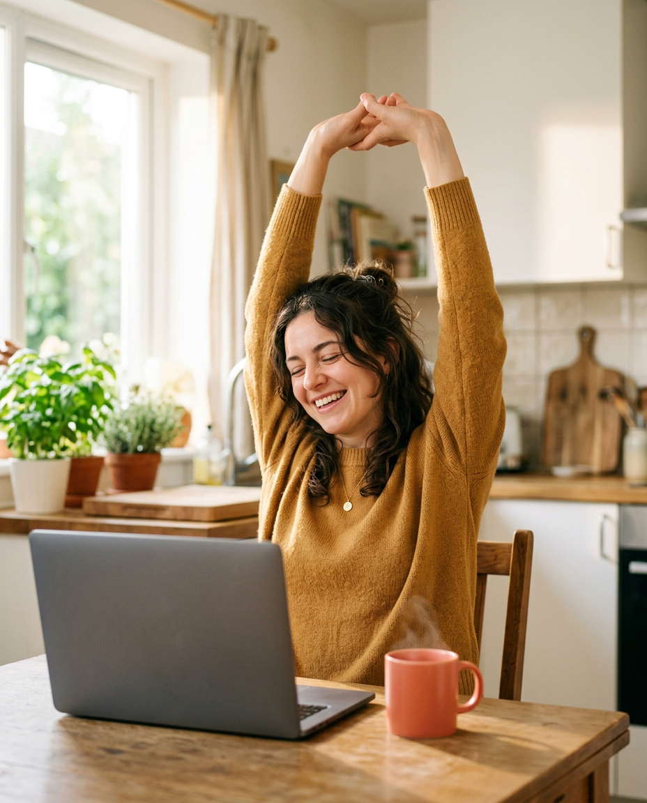 A smiling woman at a kitchen table, arms stretched overhead after a reset, laptop and coral mug in front of her