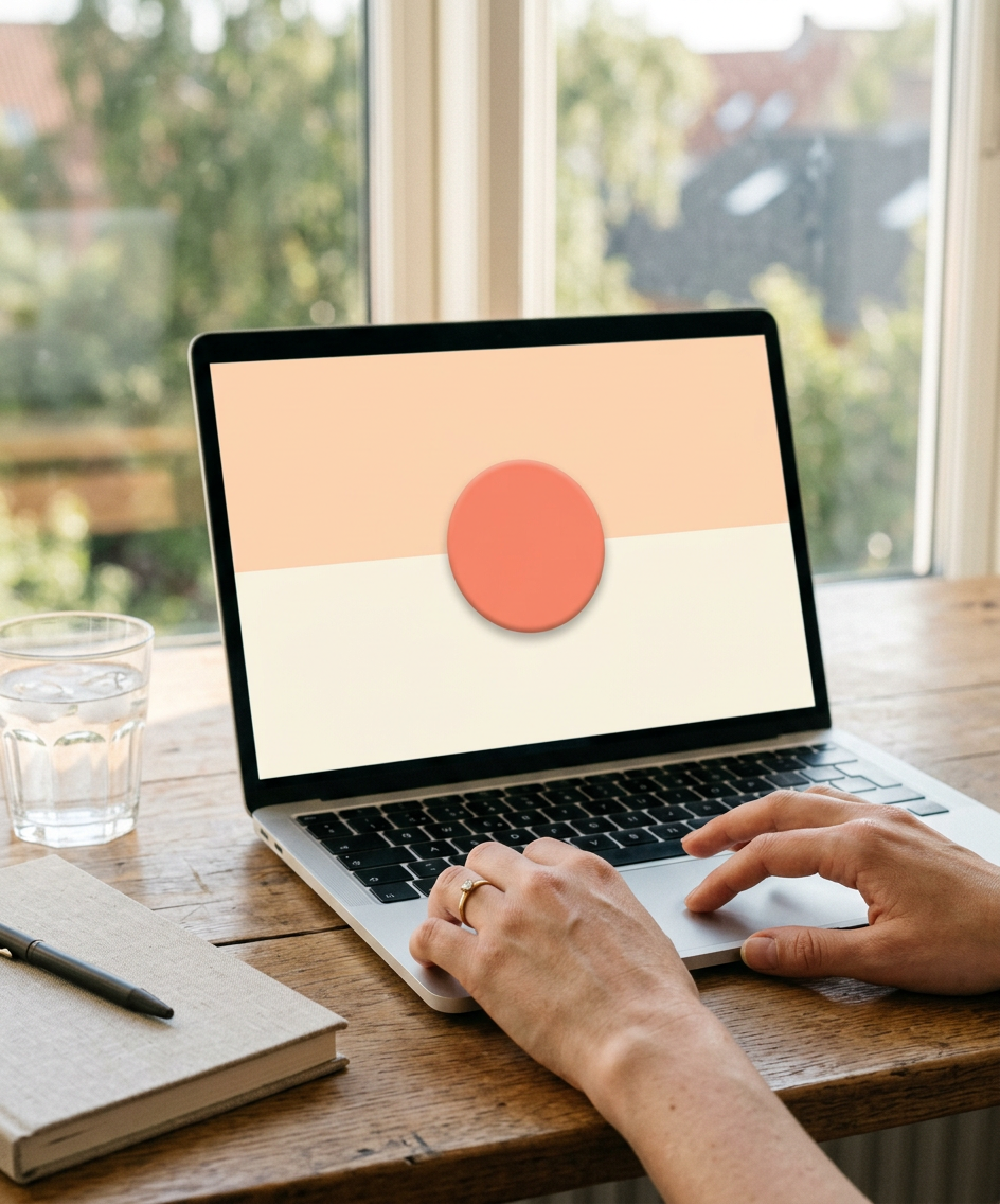 Hands on a laptop keyboard beside a window, a browser tab open on the screen