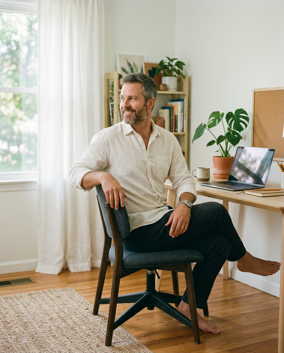 A man in a linen shirt sitting sideways on a desk chair, looking over his shoulder in a bright home office